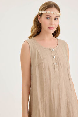 Sedef Düğmeli Sıfır Kol Keten Elbise - Thumbnail (5)