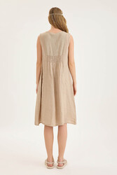 Sedef Düğmeli Sıfır Kol Keten Elbise - 4