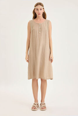 Sedef Düğmeli Sıfır Kol Keten Elbise - Thumbnail (6)