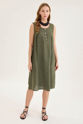 Sedef Düğmeli Sıfır Kol Keten Elbise - 8