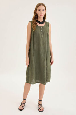 Sedef Düğmeli Sıfır Kol Keten Elbise - Thumbnail (7)