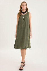 Sedef Düğmeli Sıfır Kol Keten Elbise - 9