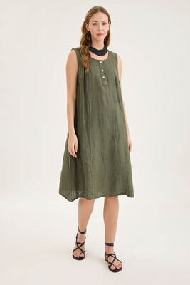 Sedef Düğmeli Sıfır Kol Keten Elbise - Thumbnail (9)