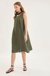 Sedef Düğmeli Sıfır Kol Keten Elbise - 11