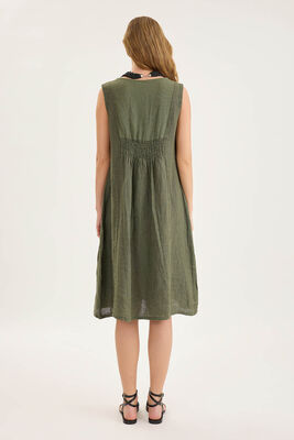 Sedef Düğmeli Sıfır Kol Keten Elbise - Thumbnail (11)