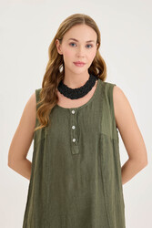 Sedef Düğmeli Sıfır Kol Keten Elbise - 13