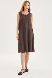 Sedef Düğmeli Sıfır Kol Keten Elbise - 14