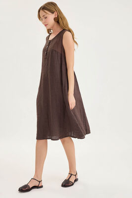 Sedef Düğmeli Sıfır Kol Keten Elbise - Thumbnail (15)