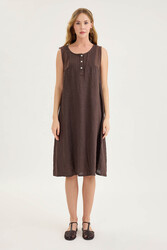 Sedef Düğmeli Sıfır Kol Keten Elbise - 18