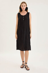 Sedef Düğmeli Sıfır Kol Keten Elbise - 19