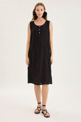 Sedef Düğmeli Sıfır Kol Keten Elbise - Thumbnail (18)