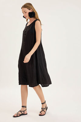 Sedef Düğmeli Sıfır Kol Keten Elbise - Thumbnail (20)