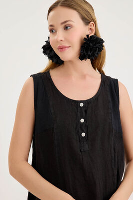 Sedef Düğmeli Sıfır Kol Keten Elbise - Thumbnail (21)