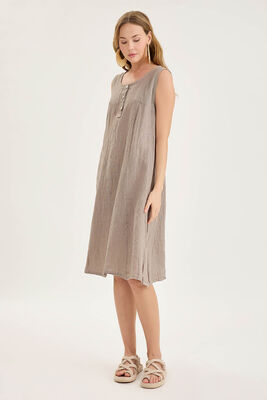 Sedef Düğmeli Sıfır Kol Keten Elbise - Thumbnail (24)