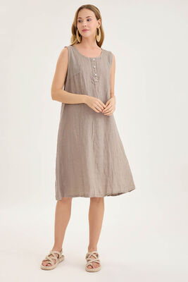 Sedef Düğmeli Sıfır Kol Keten Elbise - Thumbnail (25)