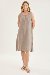 Sedef Düğmeli Sıfır Kol Keten Elbise - 24