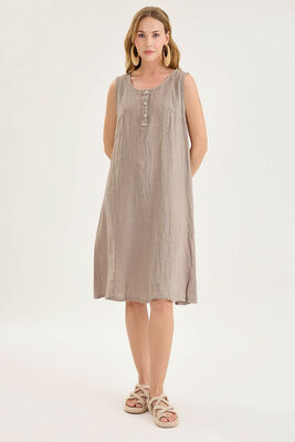 Sedef Düğmeli Sıfır Kol Keten Elbise - Thumbnail (23)