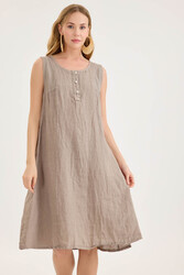 Sedef Düğmeli Sıfır Kol Keten Elbise - 27