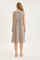 Sedef Düğmeli Sıfır Kol Keten Elbise - 28
