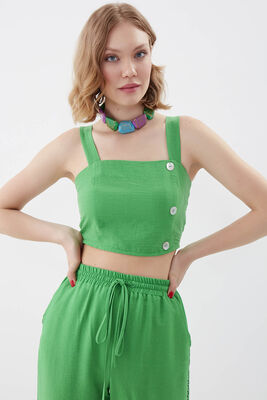 Sedef Düğmeli Sırtı Gipeli Crop Bluz - Thumbnail (5)