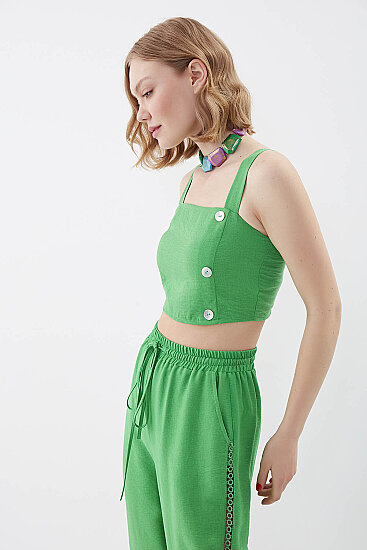 Sedef Düğmeli Sırtı Gipeli Crop Bluz - 9