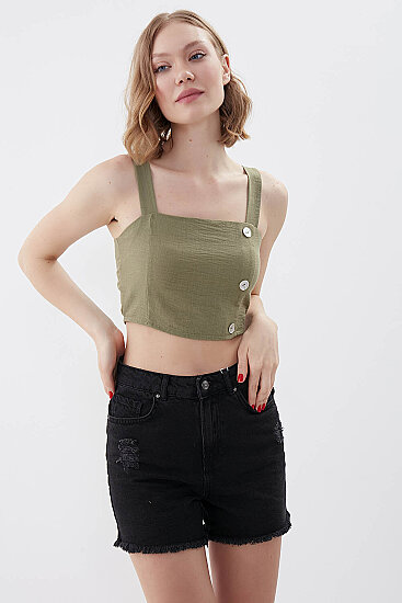 Sedef Düğmeli Sırtı Gipeli Crop Bluz - 11