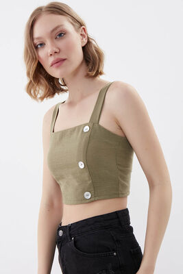 Sedef Düğmeli Sırtı Gipeli Crop Bluz - Thumbnail (12)