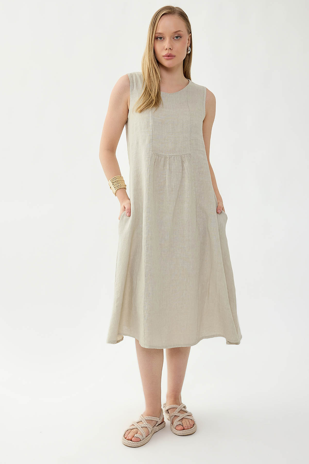 %100 Keten Sıfır Kol Cepli Elbise - Thumbnail