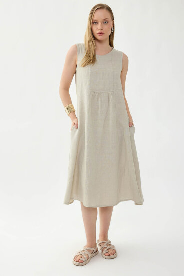 %100 Keten Sıfır Kol Cepli Elbise - 2