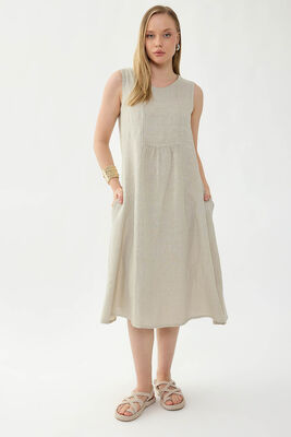 %100 Keten Sıfır Kol Cepli Elbise (1)