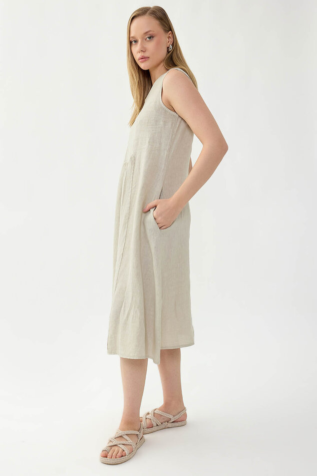 %100 Keten Sıfır Kol Cepli Elbise - 3