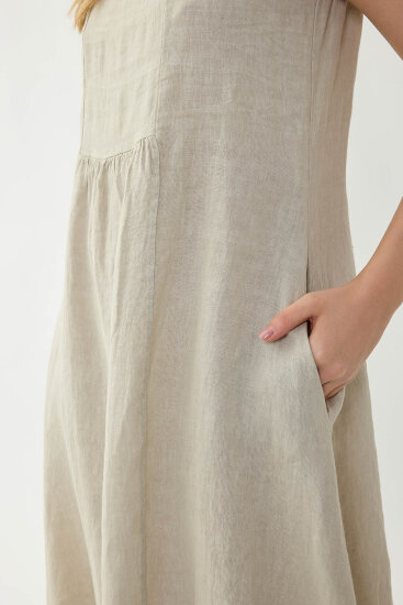 %100 Keten Sıfır Kol Cepli Elbise - 4