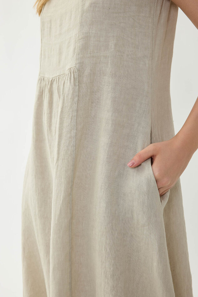 %100 Keten Sıfır Kol Cepli Elbise - 4