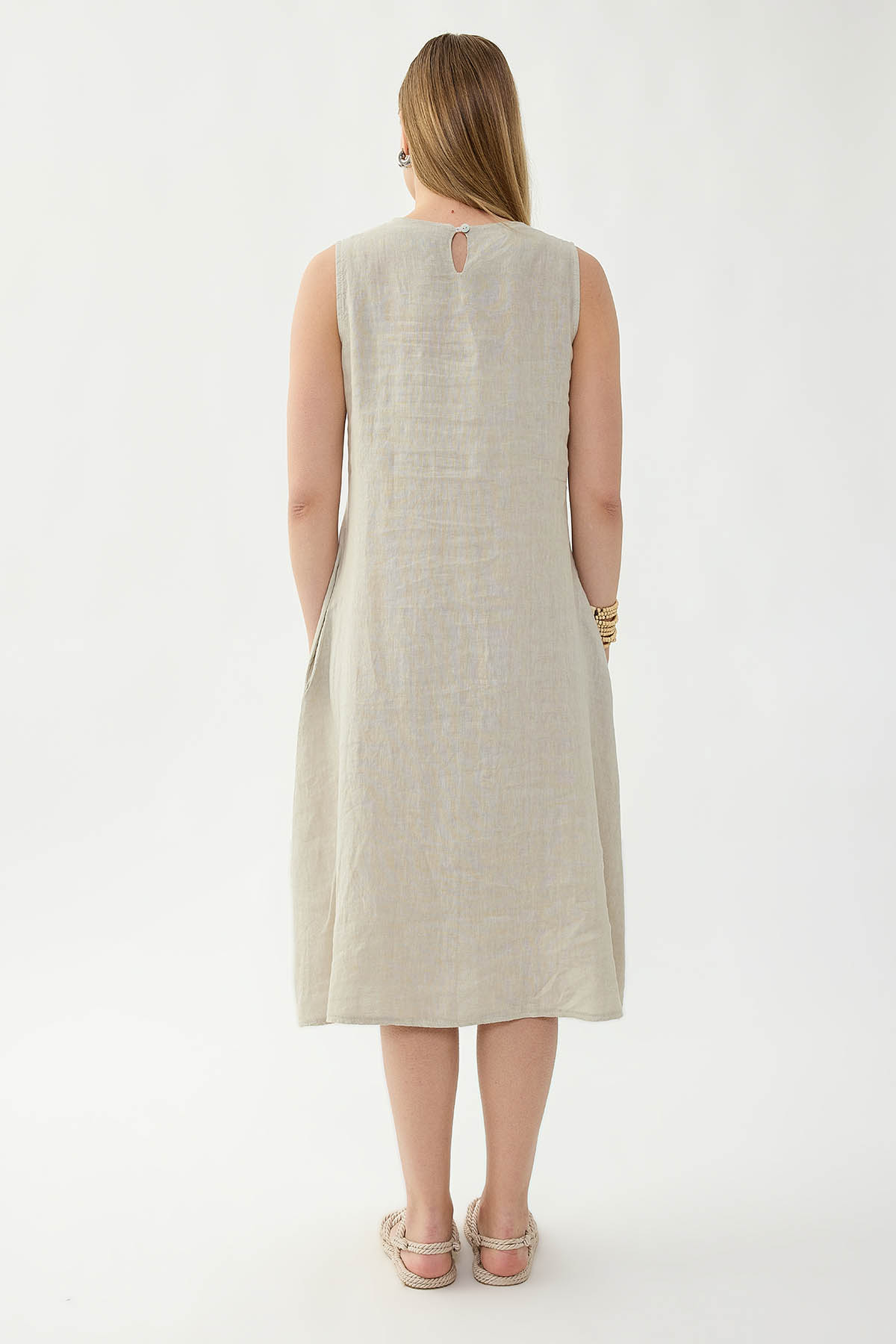 %100 Keten Sıfır Kol Cepli Elbise - Thumbnail