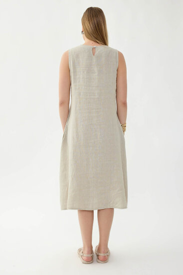 %100 Keten Sıfır Kol Cepli Elbise - 5