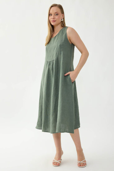 %100 Keten Sıfır Kol Cepli Elbise - 7