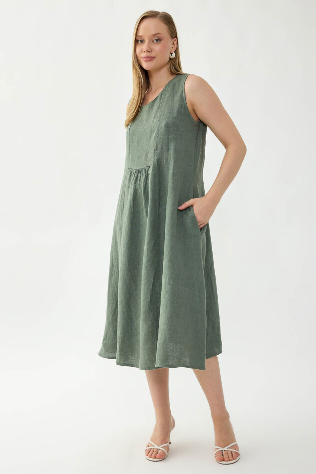 %100 Keten Sıfır Kol Cepli Elbise - 7