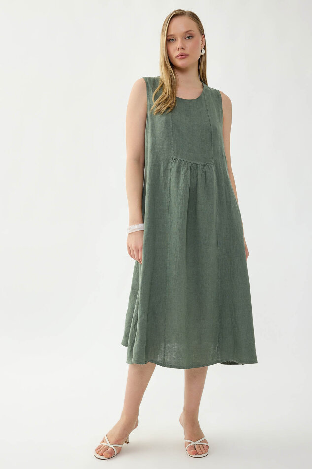 %100 Keten Sıfır Kol Cepli Elbise - 8