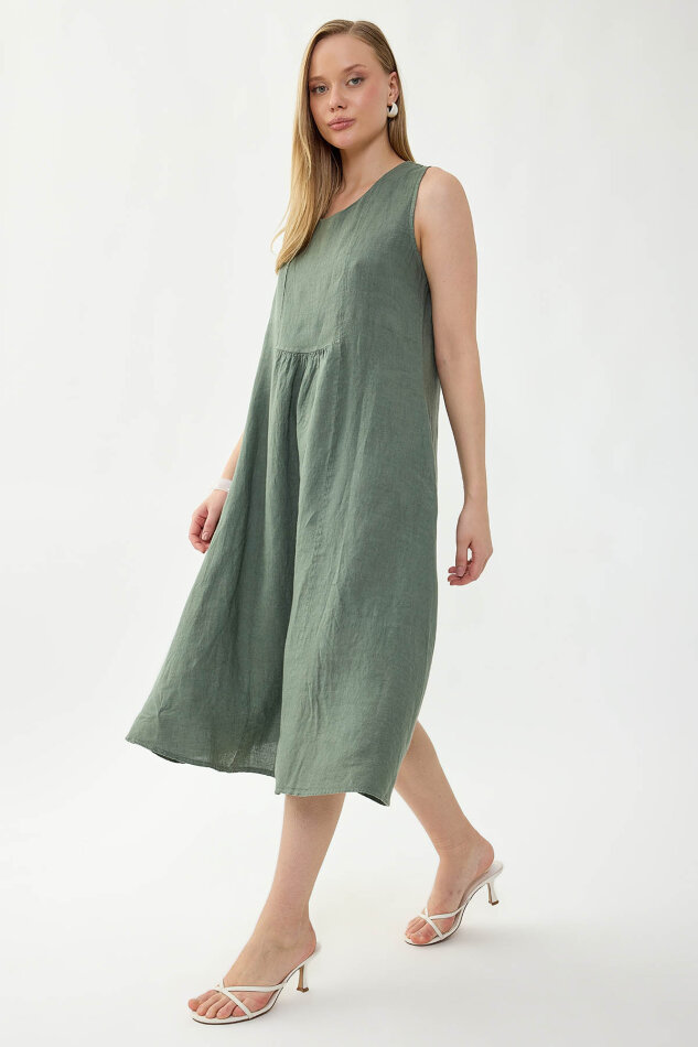 %100 Keten Sıfır Kol Cepli Elbise - 9