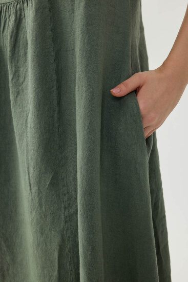 %100 Keten Sıfır Kol Cepli Elbise - 11