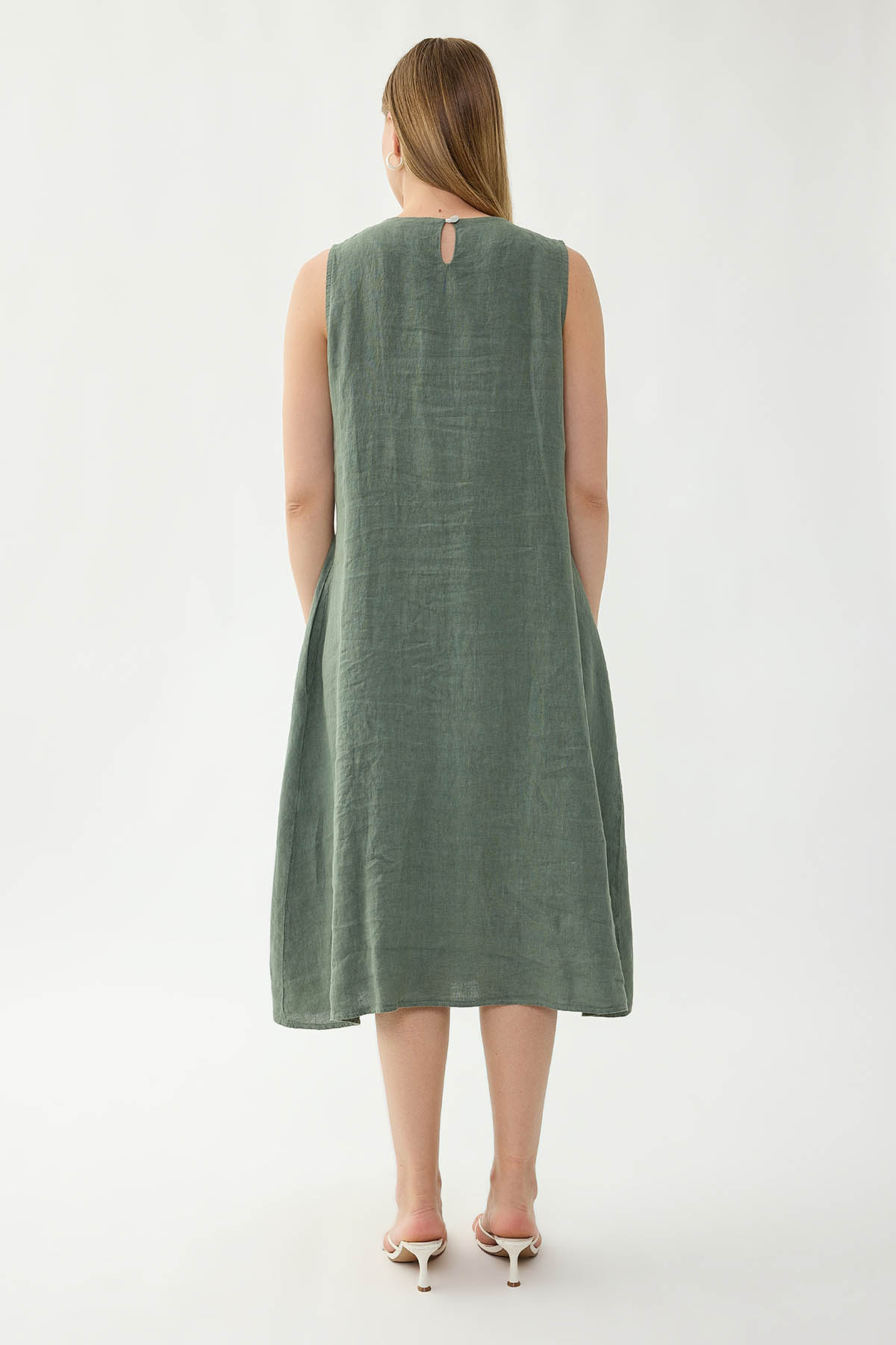 %100 Keten Sıfır Kol Cepli Elbise - Thumbnail