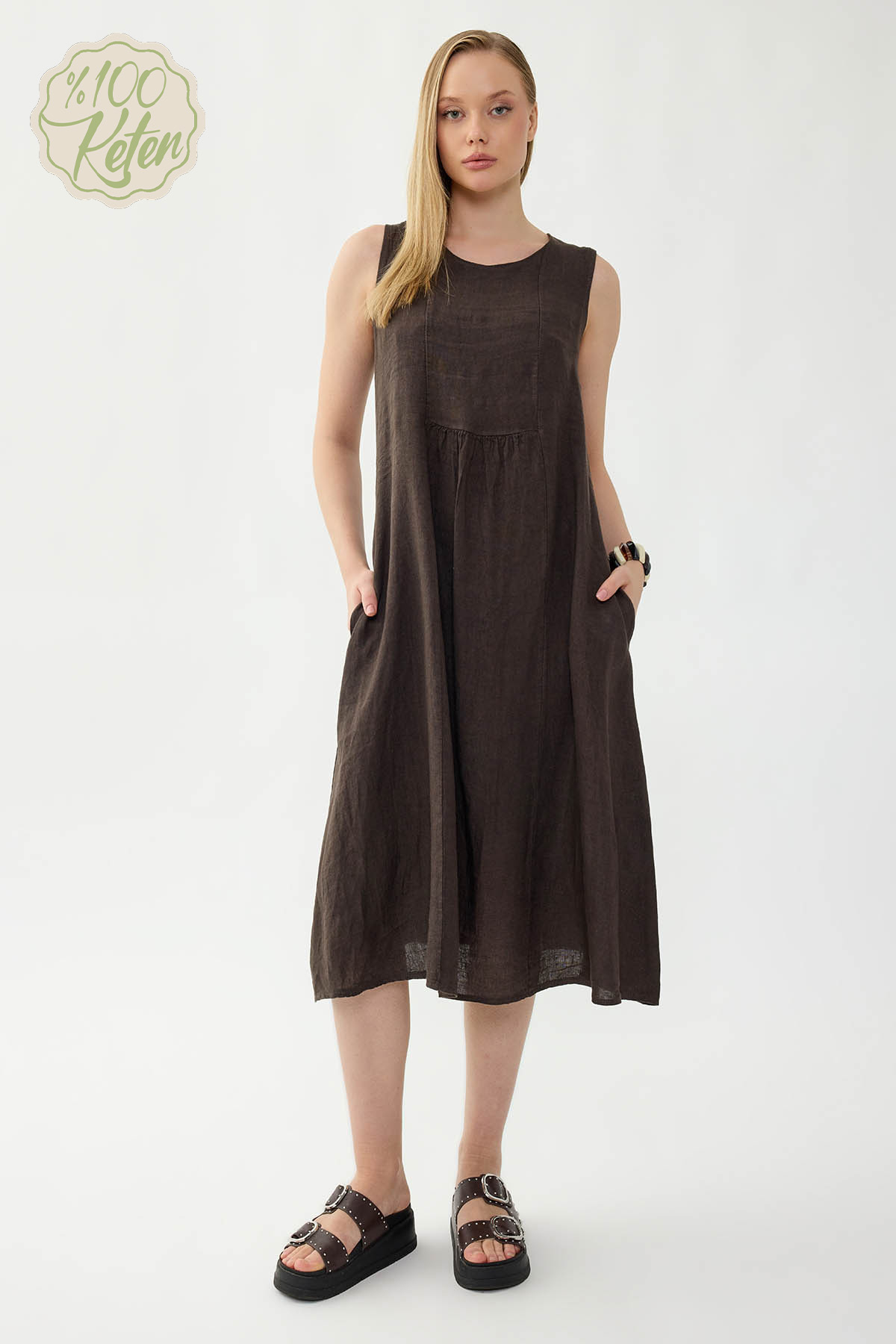 %100 Keten Sıfır Kol Cepli Elbise - Thumbnail