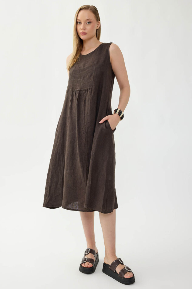 %100 Keten Sıfır Kol Cepli Elbise - 13