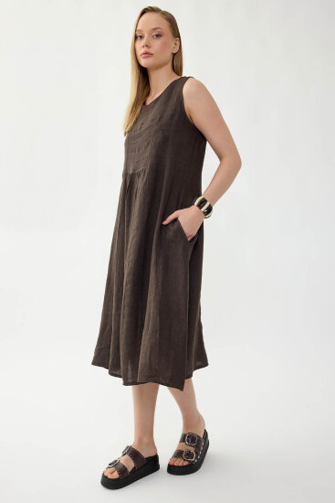 %100 Keten Sıfır Kol Cepli Elbise - 14