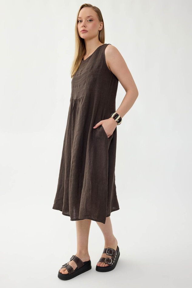 %100 Keten Sıfır Kol Cepli Elbise - 14