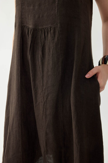 %100 Keten Sıfır Kol Cepli Elbise - 15