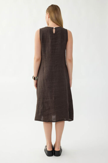 %100 Keten Sıfır Kol Cepli Elbise - 16
