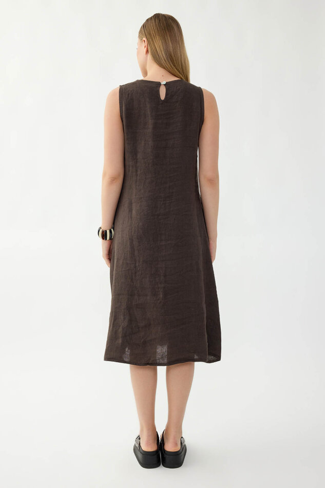%100 Keten Sıfır Kol Cepli Elbise - 16