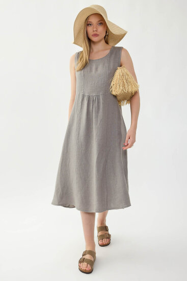 %100 Keten Sıfır Kol Cepli Elbise - 18