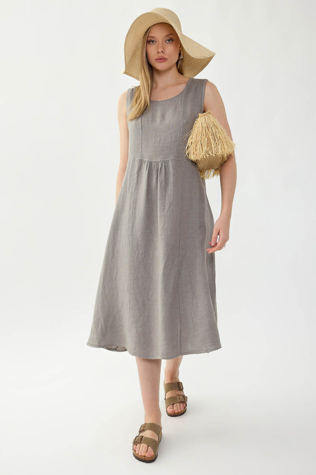%100 Keten Sıfır Kol Cepli Elbise - 18